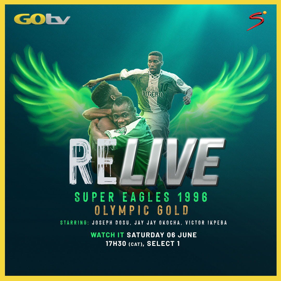 GOtvNg's tweet photo. The day the world stood still for the Super Eagles of Nigeria!
Don't miss the Super Eagles 1996 Olympic Gold medal match on Saturday, 06 June at 4:30pm on Select 1 (ch 31)
#SuperEaglesRelived
#SSRelive https://t.co/1flfu04jGP