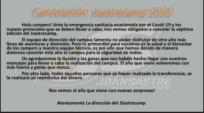 ¡¡Comunicado Jsastrecamp 2020!!
Volveremos mas fuertes 🏀🏀 #wewillbeback 2021. @jsastre15