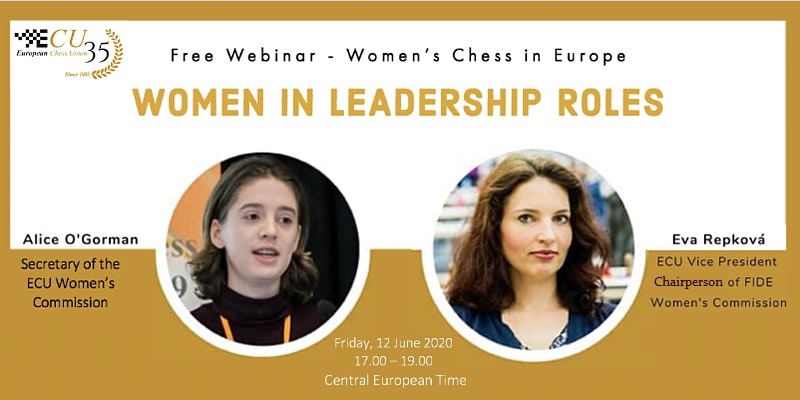 ECU Webinar "Women in Leadership roles" will take place on 12th of June.
The Webinar will be led by Eva Repkova, ECU VP, and Alice O'Gorman, Secretary of ECU Women's Commission with Polina Sharapova and FIDE VP Anastasia Sorokina, among the main speakers.
eventbrite.ie/e/ecu-webinar-…
