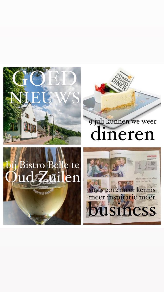 GOED NIEUWS! Donderdag 9 juli gaan we weer DINEREN met ondernemers bij Bistro Belle. Na 3 maanden kunnen we weer de smaak echt proeven - de sfeer echt voelen - elkaar echt zien en echt naar elkaar luisteren. Wil je het weer meemaken kom dan 9 juli netwerkbusinessdiner.nl