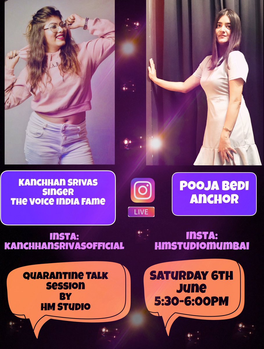 Quarantine Talk Session with Awesome Singer @kanchhansrivas along with Anchor @poojabedi05 at 5:30PM so do come and join this session😇 #weekendwithpooja #livestream #talksession #kanchhansrivas #poojabedi05 #hmstudiomumbai #liveconversation