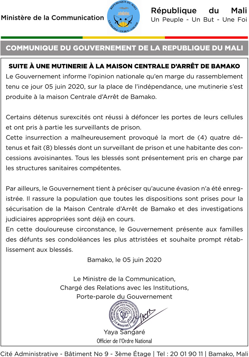 COMMUNIQUE DU GOUVERNEMENT SUITE À UNE MUTINERIE À LA MAISON CENTRALE D’ARRÊT DE BAMAKO