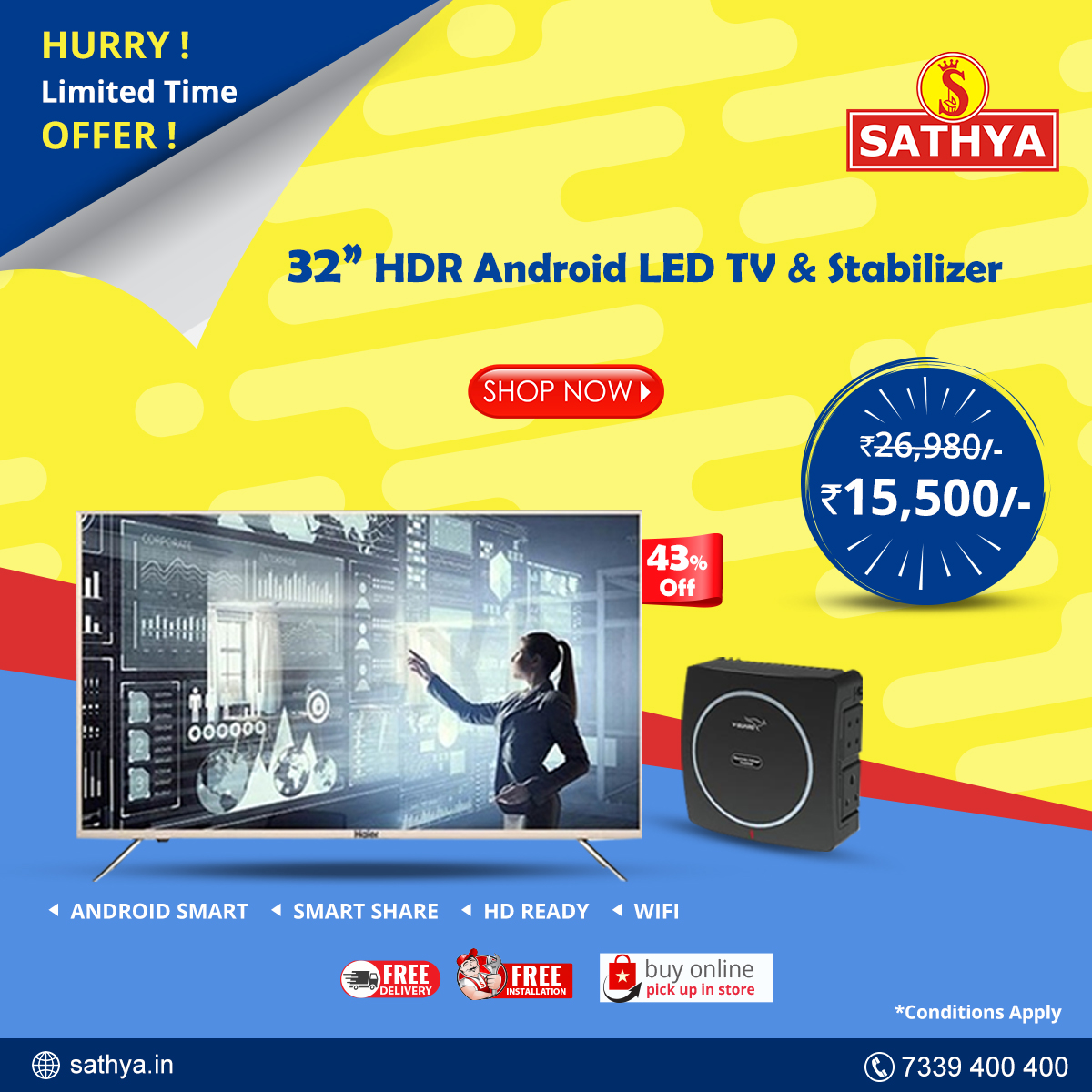 sathyashopping's tweet image. Flat 43% OFF! Buy 32" HDR #AndroidLEDTV &amp;amp; #Stabilizer at just Rs.15,500/- Time is running out! Grab the super saver offer pack soon! To make your orders, visit sathya.in or call 7339400400

Shop here @ #SATHYAOnline : tiny.sg/GXwRNLP