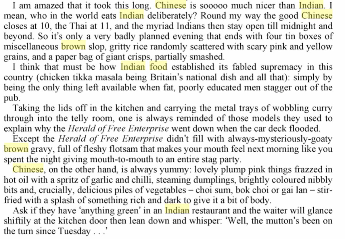 Giles Coren's book Anger Management For Beginners contains this unbelievable rant about Indian food. By all means, Giles, enjoy Chinese food. But your suggestion Indian restaurants serve off meat is deeply offensive and inaccurate.