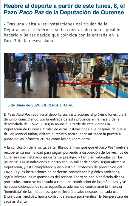 DeputacionOU's tweet photo. Reabre al deporte a partir de este lunes, 8, el @PazoPacoPaz de la @DeputacionOU 

• Tras una visita a las instalaciones del titular de la Deputación este viernes, se ha constatado que es posible hacerlo y Baltar decide que coincida con la entrada en la Fase 3 de la desescalada https://t.co/VPVglIN5eu