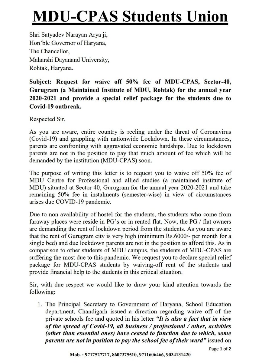 CpasMdu's tweet image. Today MDUCPAS student union sent a letter to Hon&apos;ble Governor of Haryana to reduce college and universities fees. #CPAS_wants_justice  @cmohry @Dchautala @MDURohtak @barcouncilindia @HCBA_CHD @CpasMdu @BJP4Haryana @PMOIndia @Minister_Edu