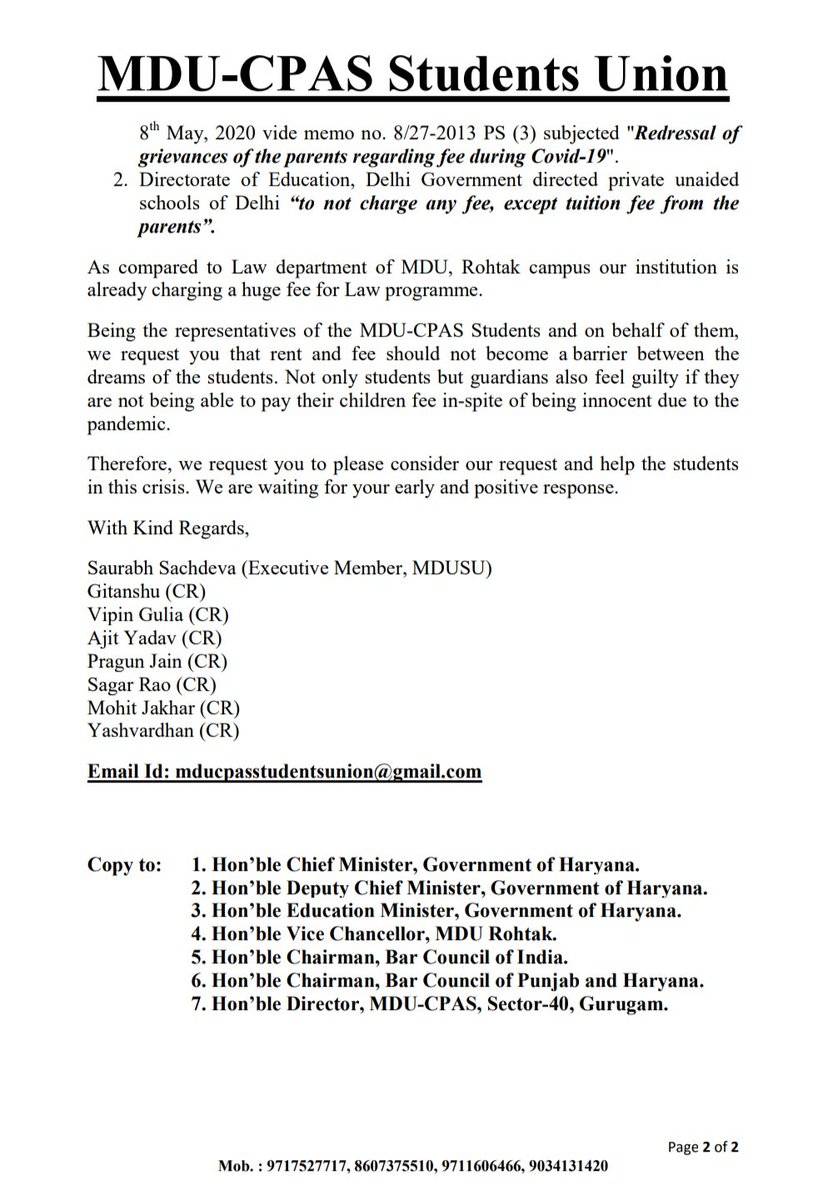 CpasMdu's tweet image. Today MDUCPAS student union sent a letter to Hon&apos;ble Governor of Haryana to reduce college and universities fees. #CPAS_wants_justice  @cmohry @Dchautala @MDURohtak @barcouncilindia @HCBA_CHD @CpasMdu @BJP4Haryana @PMOIndia @Minister_Edu