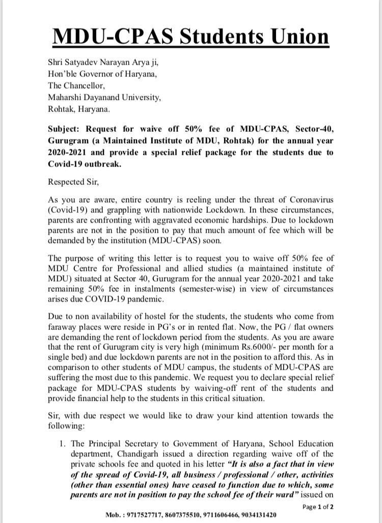 DeepaYa09358378's tweet photo. Today @MDUCPAS student union sent a letter to governer of #Haryana to reduce college and universities fees. #CPAS_wants_justice  @cmohry @Dchautala @MDURohtak @barcouncilindia @HCBA_CHD @CpasMdu https://t.co/NjuqkGgoGT