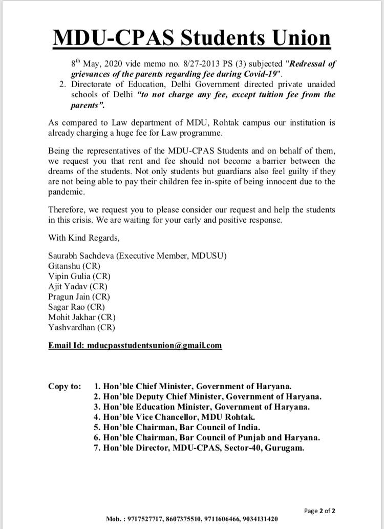 DeepaYa09358378's tweet photo. Today @MDUCPAS student union sent a letter to governer of #Haryana to reduce college and universities fees. #CPAS_wants_justice  @cmohry @Dchautala @MDURohtak @barcouncilindia @HCBA_CHD @CpasMdu https://t.co/NjuqkGgoGT