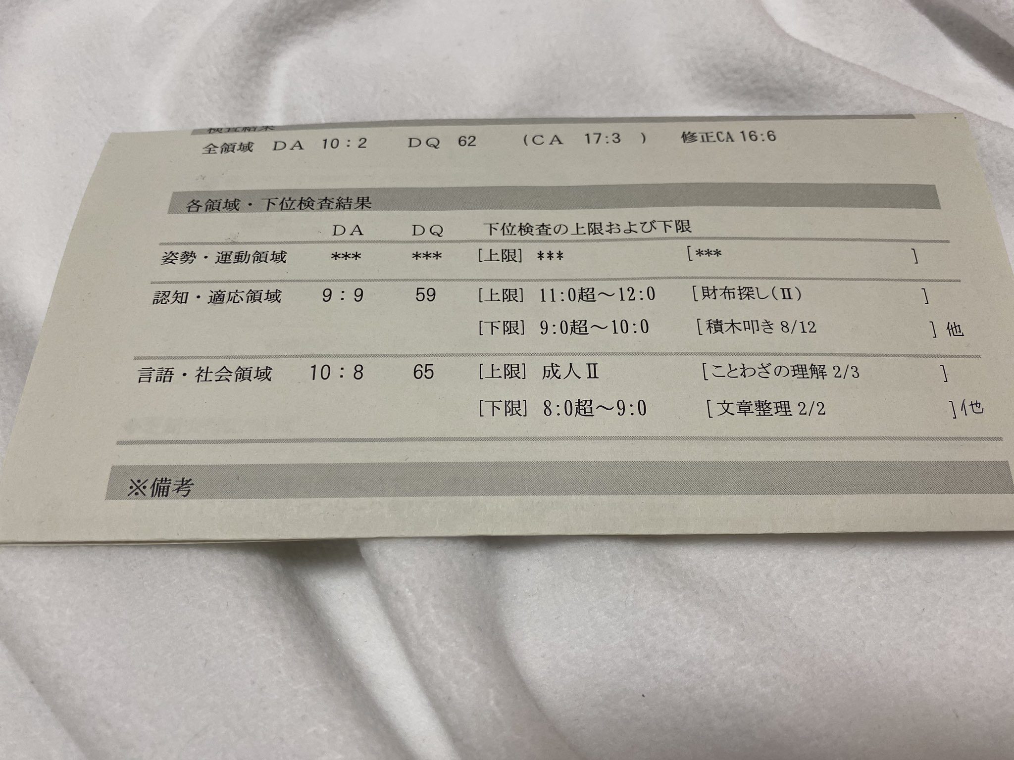 アラビアオリックス On Twitter 私が今年の1月に受けた 新版k式発達検査2001の結果なのです 療育手帳をとるために受けたのです 結果の見方ですが 簡単に説明しますと 実年齢が17歳3ヶ月で能力は10歳2ヶ月ということになります 知的障害 発達障害