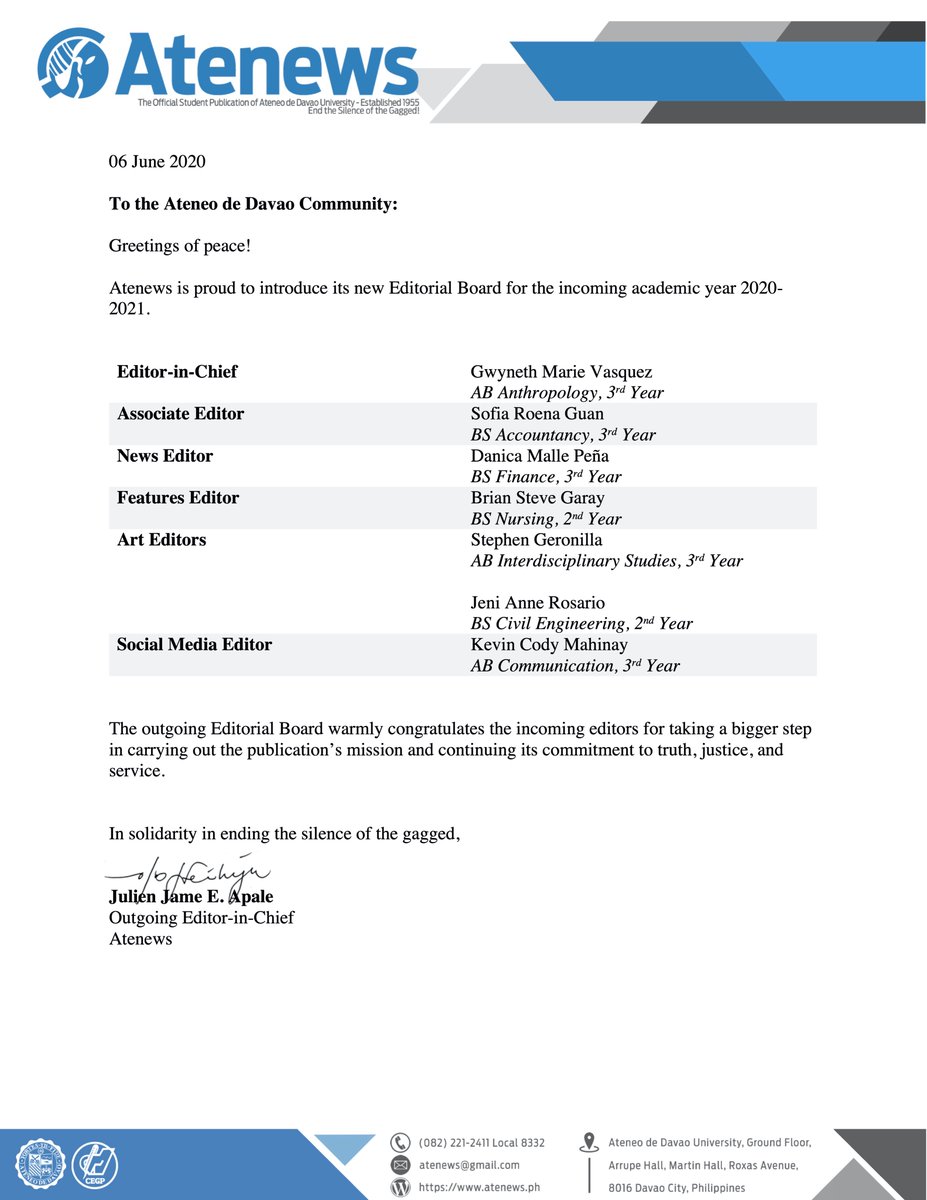 atenews's tweet photo. NOTICE: Atenews announces its incoming editorial board for the academic year 2020-2021. Congratulations! https://t.co/WFYnHH5NWj