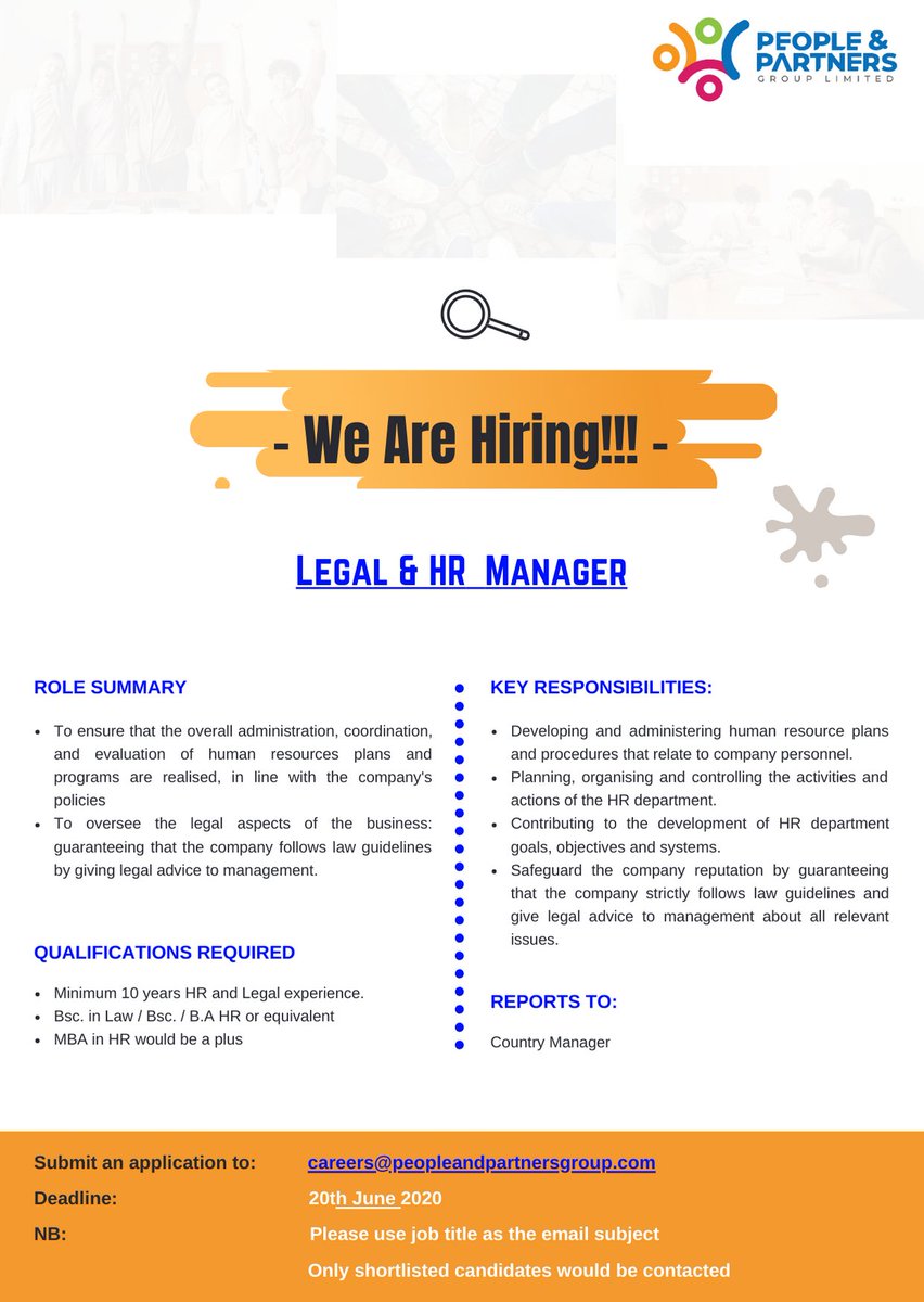 People And Partners Group On Twitter Attention Job Vacancy Legal Amp Hr Manager With 10 Years Experience Role Based In Accra Ghana Ghanaian Prefered Deadline 20 June 2020 Https T Co Toygragmze Legal Hr Legaljobs Humanresourcemanager