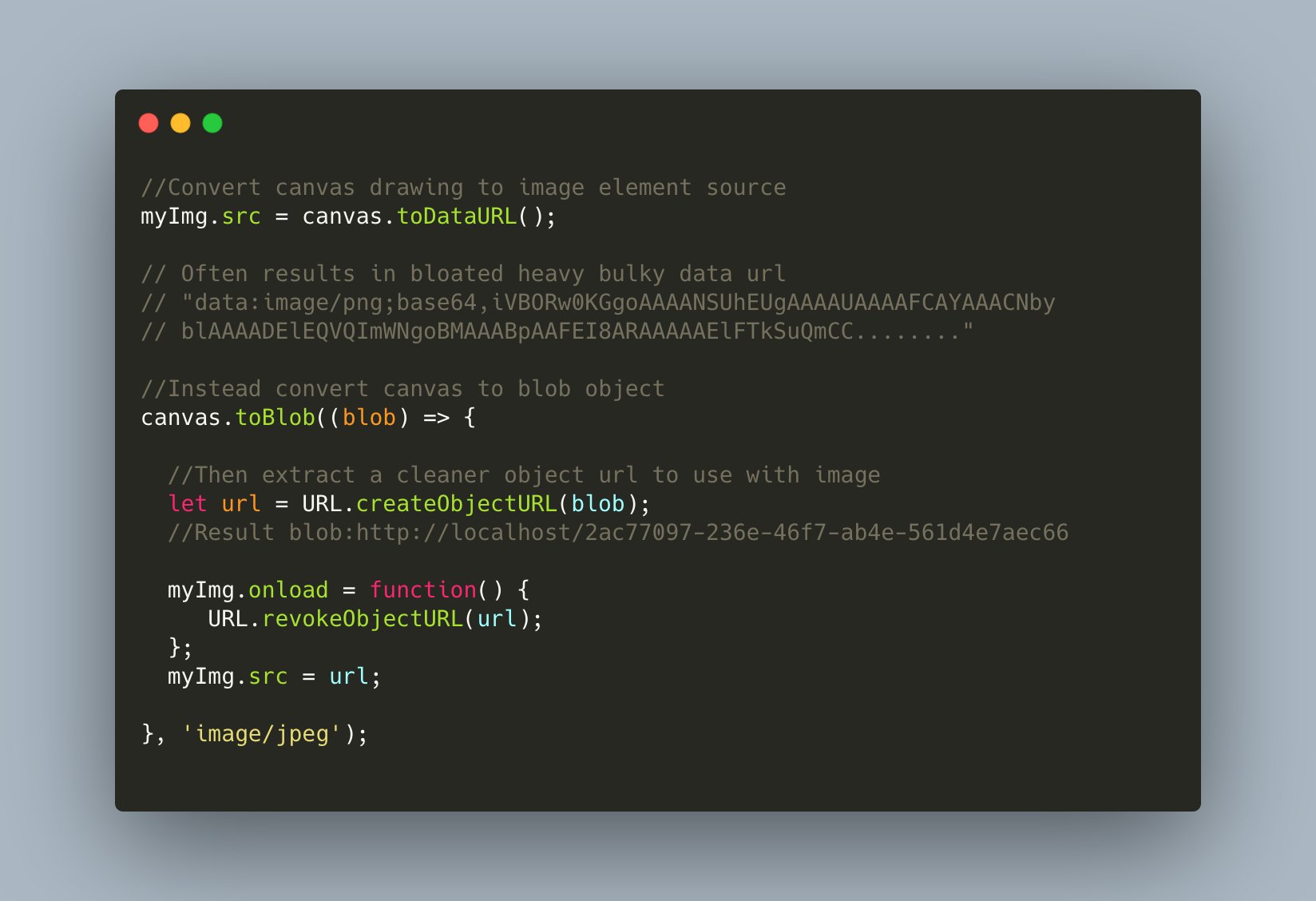 Raizensoft on Twitter: "Quick tips: To convert canvas drawing to image element, use Blob object and URL.createObjectURL() for a much cleaner and bloated free url representation than canvas.toDataURL() #javascript #frontend https://t.co/gN6fsciXCI" / Raizensoft on Twitter: "Quick tips: To convert canvas drawing to image element, use Blob object and URL.createObjectURL() for a much cleaner and bloated free url representation than canvas.toDataURL() #javascript #frontend https://t.co/gN6fsciXCI" /