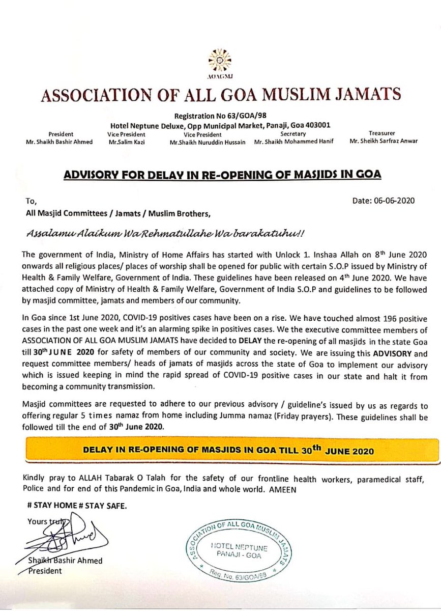 InGoa24x7's tweet image. All Goa #Muslim #Jamat Association issues advisory for delay in opening #Masjids in #Goa