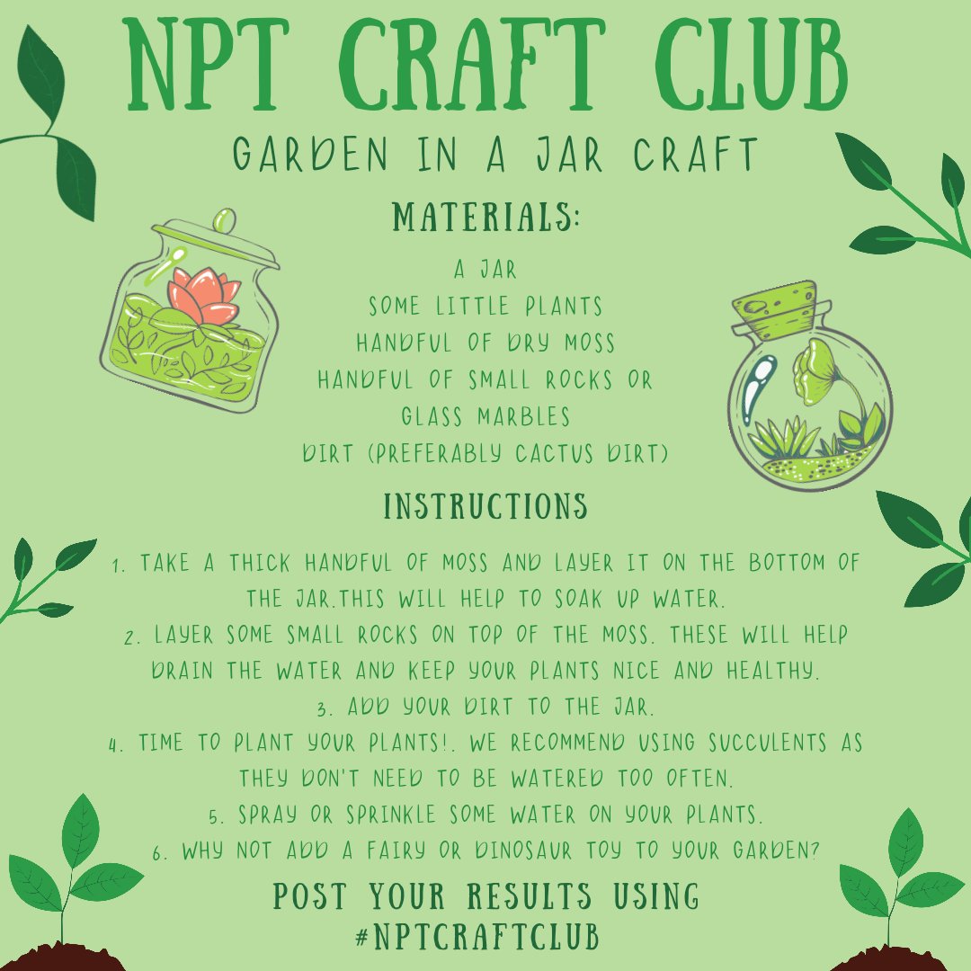 NPTLibraries's tweet photo. This weekend's NPT Craft Club activity is a Garden In A Jar craft. 🌱🪴🌿
Don't worry If you don't have a jar to hand as you can use any glass container.
Why not add some toys or figurines to the garden?
Show us your results with #NPTCraftClub https://t.co/Bwqx6YnUcq