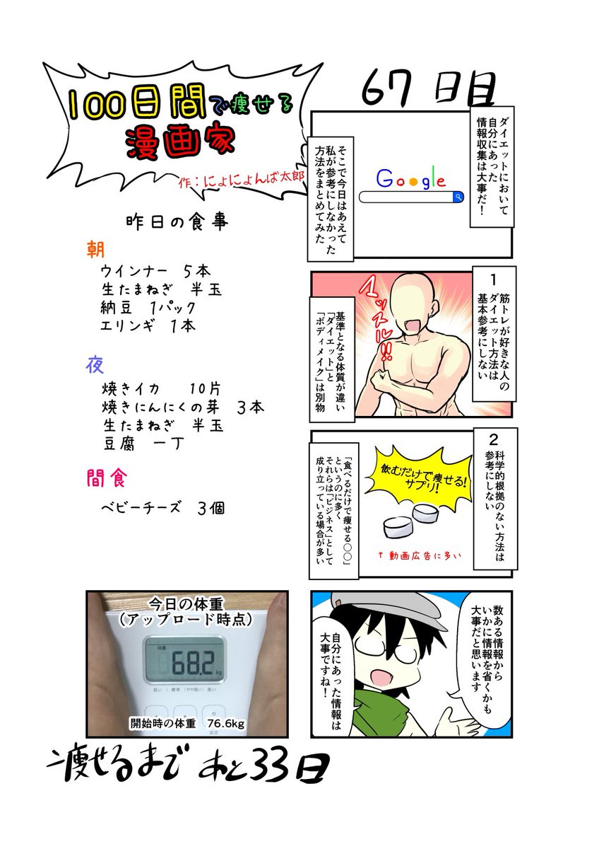 「100日間で痩せる漫画家」
67日目
(毎日19時頃アップします!)

メインは大体YouTubeから情報収集

#100日間で痩せる漫画家
#ダイエット 