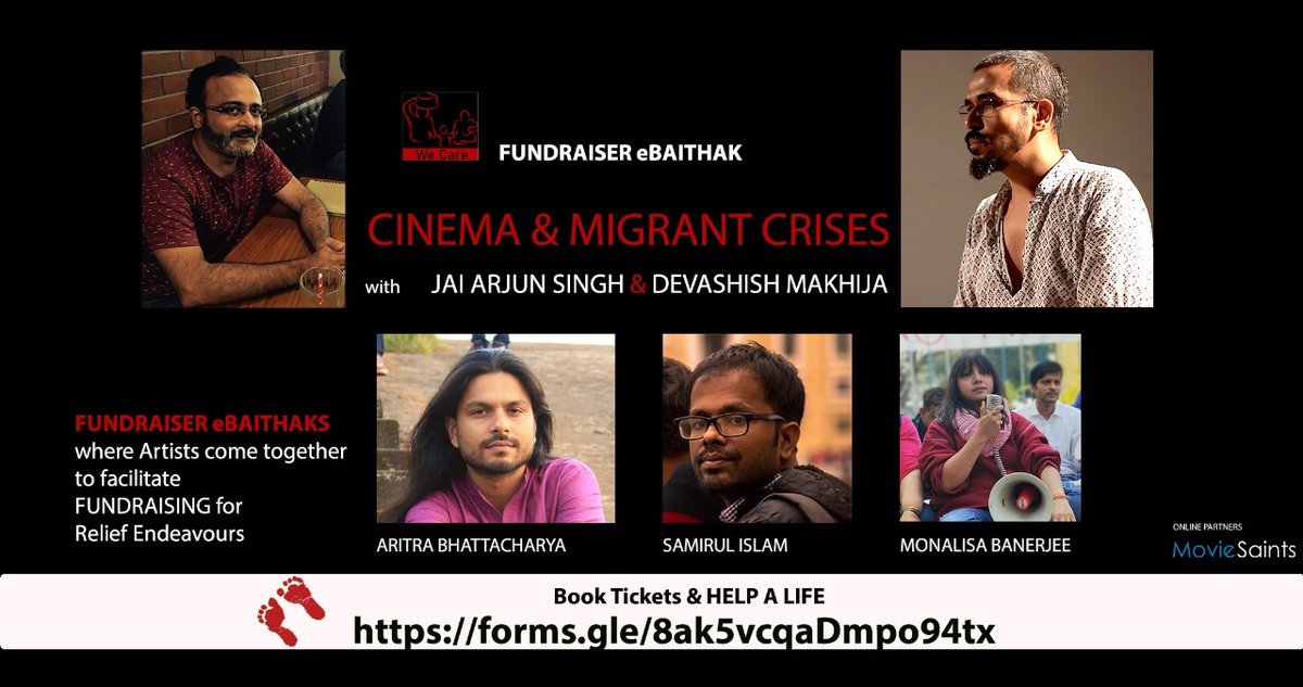 Today, June 6, 7pm on Zoom #WeCare Fundraisers presents eBaithak with #DevashishMakhija & #JaiArjunSingh on Cinema & Migrant Crises. Do register at forms.gle/8ak5vcqaDmpo94… & help the relief work for #AmphanHit & #MigrantWorkers in #WestBengal Folded hands
