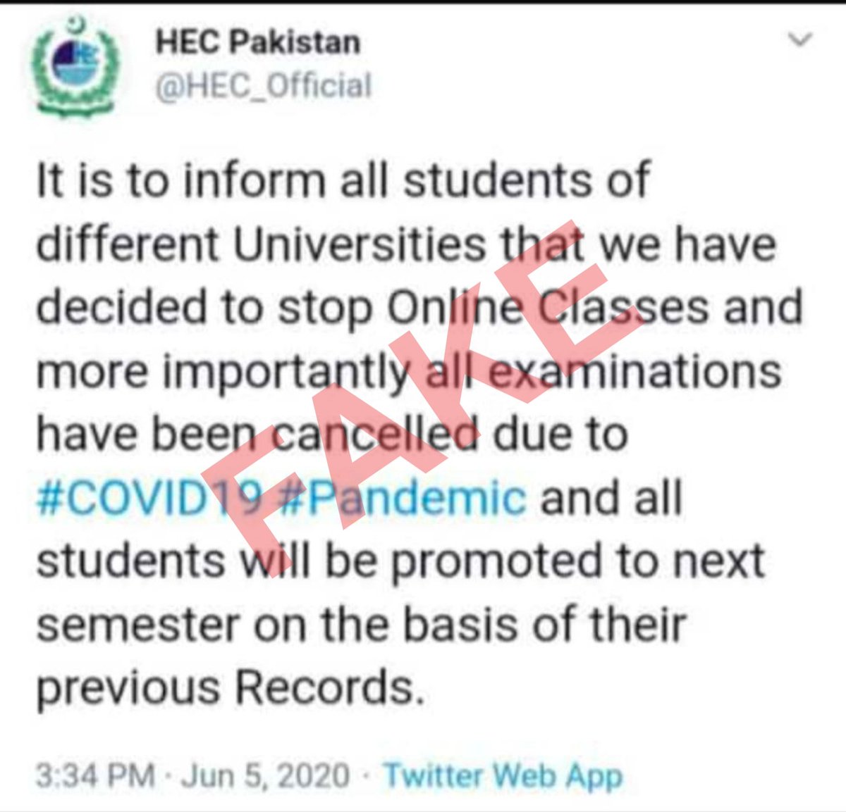 hecpkofficial's tweet photo. THIS IMAGE IS FAKE.

PLEASE NOTE:
HEC is addressing students’ concerns regarding online classes &amp; exams BUT promoting students without examination is out of question. https://t.co/1kIfbfpDZi