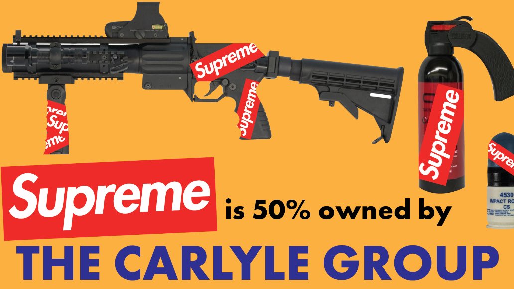 People need to cancel Supreme. First of all its idiotic to pay that much money for a shirt with a word on it. But most importantly, Supreme is owned by The Carlyle Group, the majority holder of CSI, producers of the chemical and ballistic munitions used against protestors.