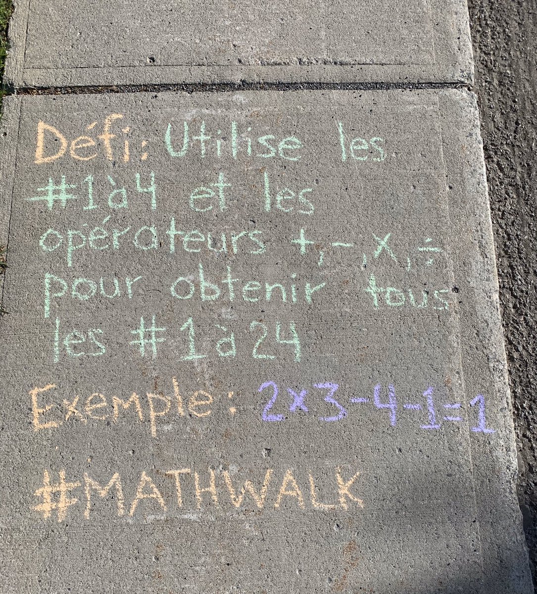 Prochain défi #mathwalk

The next #sidewalkmath challenge is translated from <a href="/JRappaport27/">Jordan Rappaport</a> <a href="/Mathgarden/">Sunil Singh</a> 
You beat me to posting it <a href="/traciteacher/">Traci Jackson</a> :)