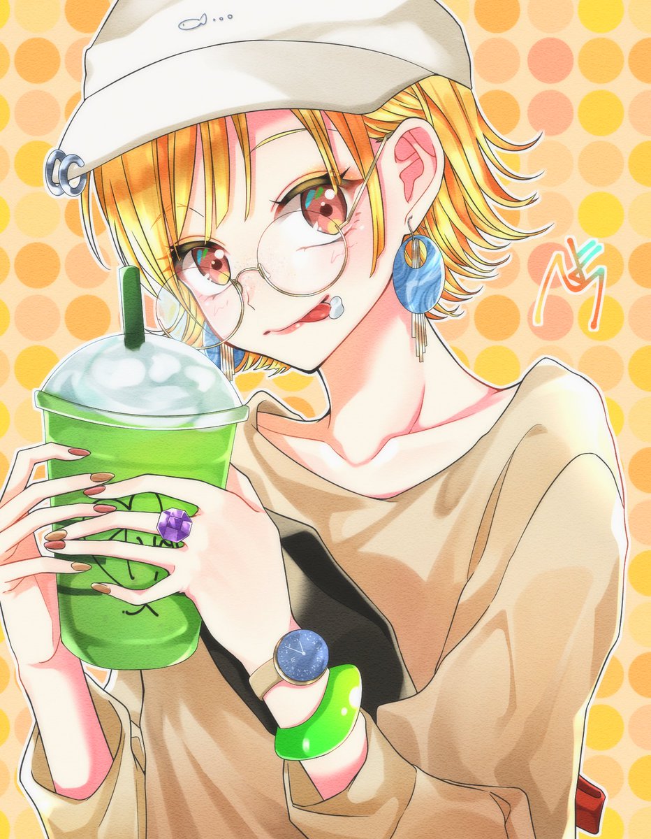 巨大フラペチーノを飲む女の子 Ra Ch のイラスト