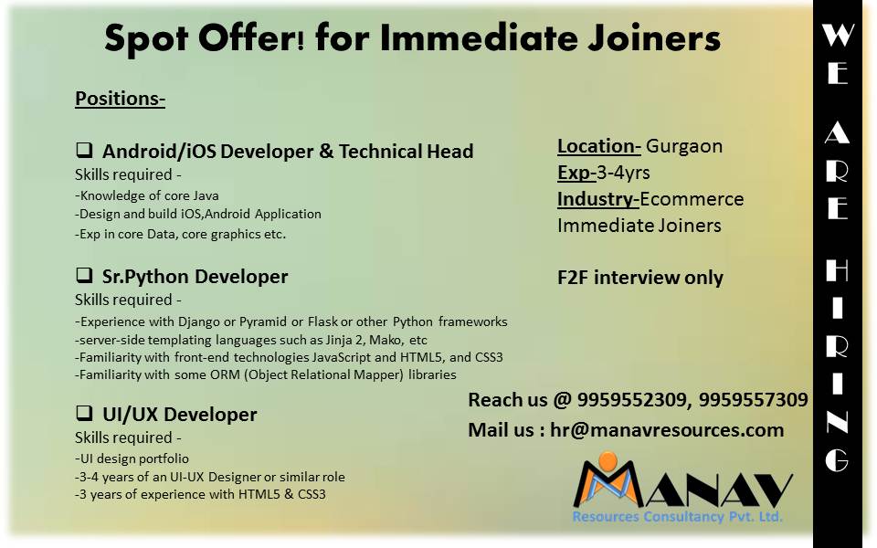 ManavResources's tweet image. Urgent hiring!! #androiddeveloper #phythondeveloper #uiuxdesigner #gurgaonjobs #iosdeveloper #gurgaon #jobs2020