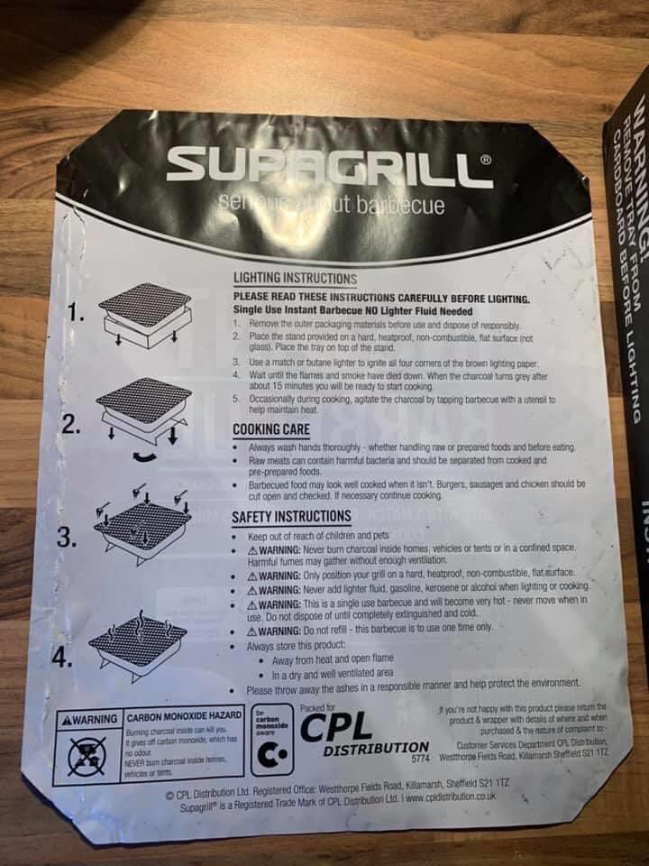 LeaveTheBBQ's tweet photo. We decided to take a look at the instructions on disposable BBQs, following a number of retailers telling us they provide “adequate” safety and warning labels on the back. How anybody can class this as adequate is beyond us! #LeaveTheBBQAtHome 
#BeAResponsibleRetailer https://t.co/hW5c32HlYL