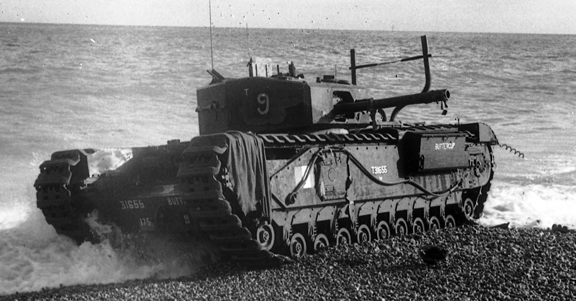 The Dieppe raid was an absolute fiasco in oh so many ways, but it did show that modifying your heavy armour so it could come along with the infantry was a good idea. For the raid Churchill tanks had been quickly modified with basic waterproofing and extended "wading" exhausts.