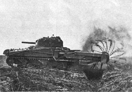 One of the first was the "Crab". There were three ways of clearing infantry mines:Walk infantry across them (unpopular), clear them methodically (slow), or batter the crap out of them with a tank. The Crab was very much option three...