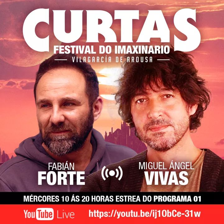El miércoles 10 de junio a las 20 horas estrenamos el 1er programa de <a href="/CurtasAC/">CURTAS Festival do Imaxinario</a> en el que estarán los directores Miguel Ángel Vivas y Fabián Forte. Podrás verlo a través de nuestro FB y YouTube: youtu.be/ij1ObCe-31w
Miércoles 10/6. 20 h.
#Curtas2020