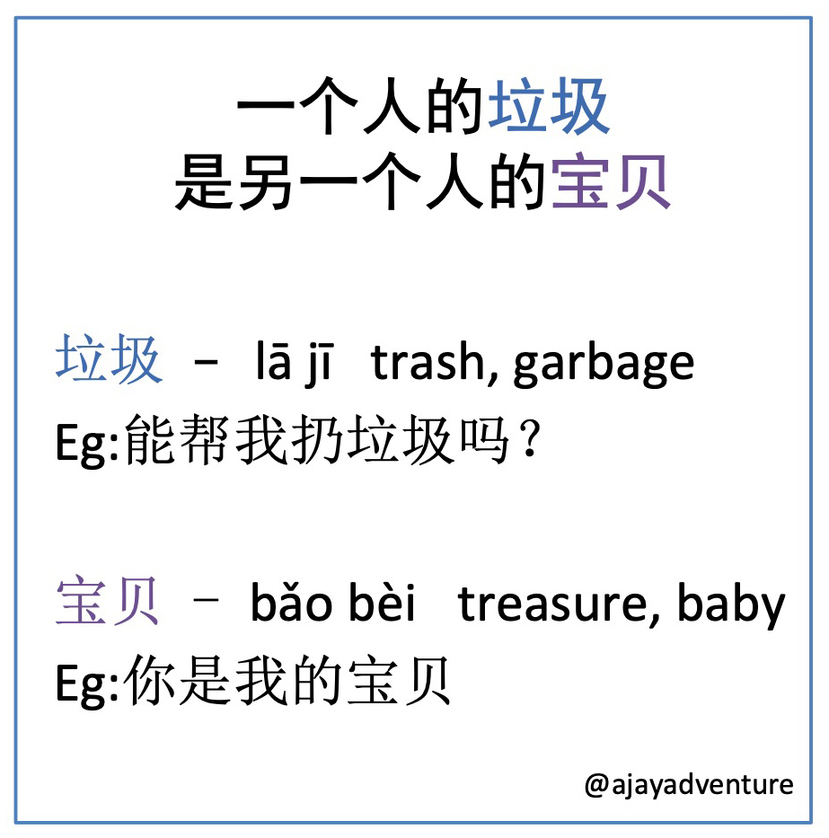 HSK 3 Words 
一个人的垃圾是另一个人的宝贝。
picture from 没品图