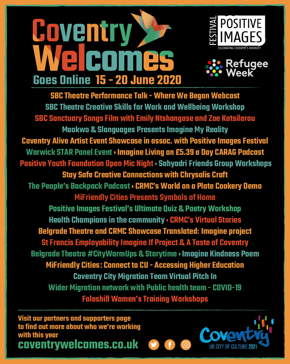 CRMCCov's tweet photo. The full Coventry Welcomes lineup for #Refugeeweek2020! 
#coventrywelcomes2020 @covwelcomes https://t.co/P0JtbiY2zz