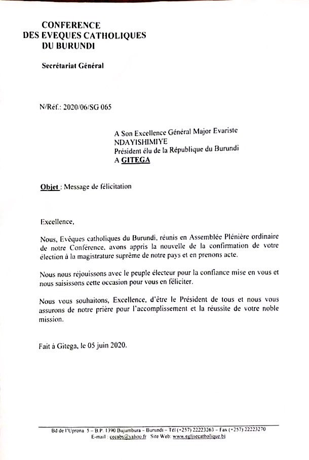 CnddFdd's tweet photo. La Conférence des Évêques Catholiques du #Burundi félicite le Président Élu S.E Evariste Ndayishimiye pour la confiance que les burundais ont placé en lui. Les Évêques Catholiques du Burundi lui assurent leurs prières pour l’accomplissement et la réussite de sa noble mission. https://t.co/uz0hLffJOS