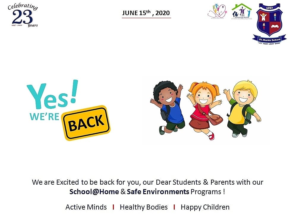 StMarksAxia's tweet image. Yes ! We Are Back. We are happy to announce the starting of our Stay At Home learning activities from June 15th, through our School@Home program. #StayAtHomeLearning #SchoolAtHome #ActiveMinds #HealthyBodies #HappyChildren #StaySafe #EducationDuringCovid19