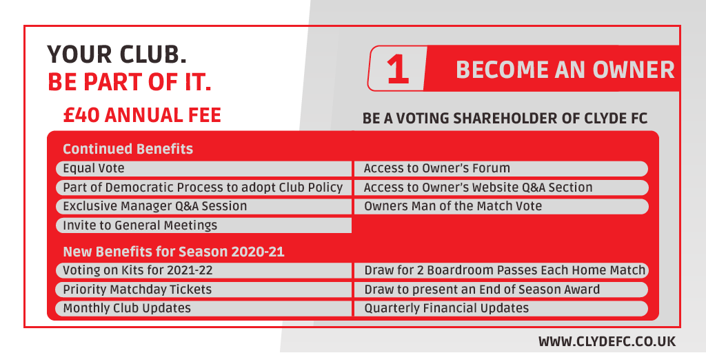 Become a Clyde FC Owner for 2020-21.

For a one-off £40 fee, ownership will run from 1st July 2020 to 30th June 2021.

There are loads of new benefits including boardroom draws, voting on 2021-22 kits and more!

Sign up on our website: clydefc.co.uk/news/2020/06/0…