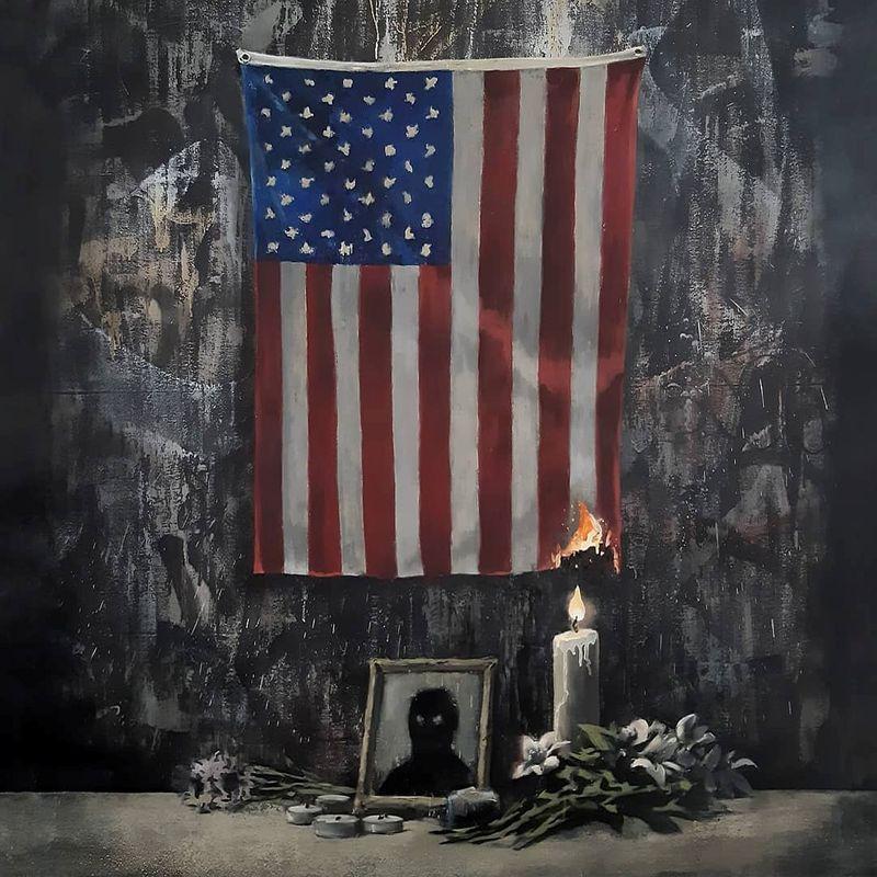 Reuters's tweet image. Britain's Banksy depicts U.S. flag on fire in Floyd tribute reut.rs/30i7pS2