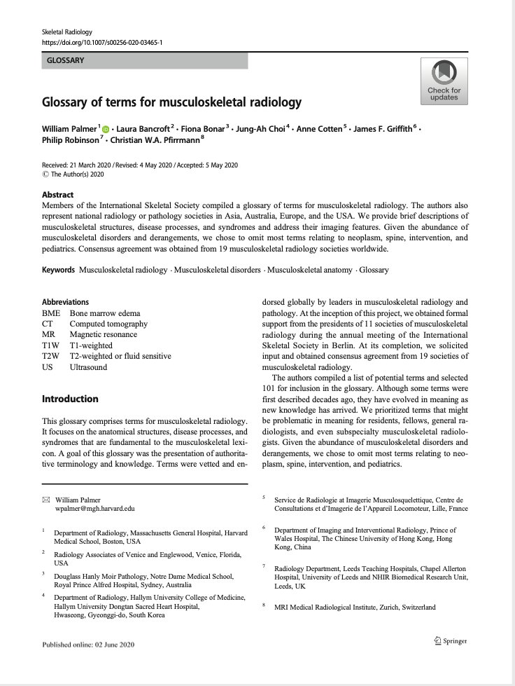 Glossary of terms for musculoskeletal radiology just published in Skeletal Radiology

Compilaton of terms for musculoskeletal radiology. Paper is open access!

rdcu.be/b4Gum

@intskeletal
#mskrad 
#MSKRadiology 
@SkeletalRadiol