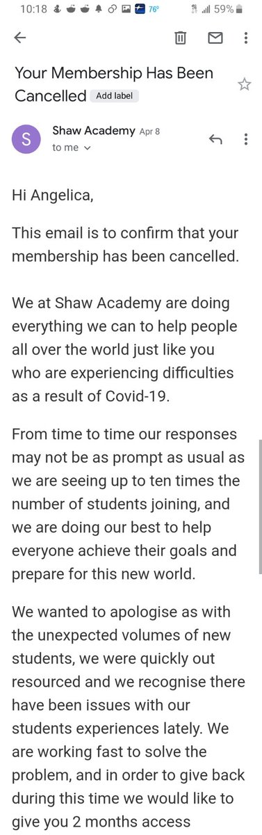 Angelibelli's tweet photo. @shawacademy yo, I cancelled my subscription two months ago and just got charged $70. Here's my cancellation email from a month ago. What gives??? I never reactivated my account either. https://t.co/n4JvncNoW9
