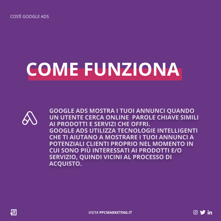Che cos'è Google Ads? 
Come funziona?

Visita ppcmarketing.it per rimanere sempre aggiornato e scoprirne di più.

#ppcmarketing #marketingdigitale #marketingstrategico  #consiglimarketing #pilloledimarketing #pubblicitàdigitale #googleads #paidsearch #googleitalia