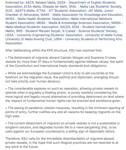 KSU calls for the Immediate Disembarkation of Migrants Detained aboard Private Vessels

<a href="/MaltaGov/">Government of Malta 🇲🇹</a> <a href="/RobertAbela_MT/">Robert Abela</a> 
#letthemin