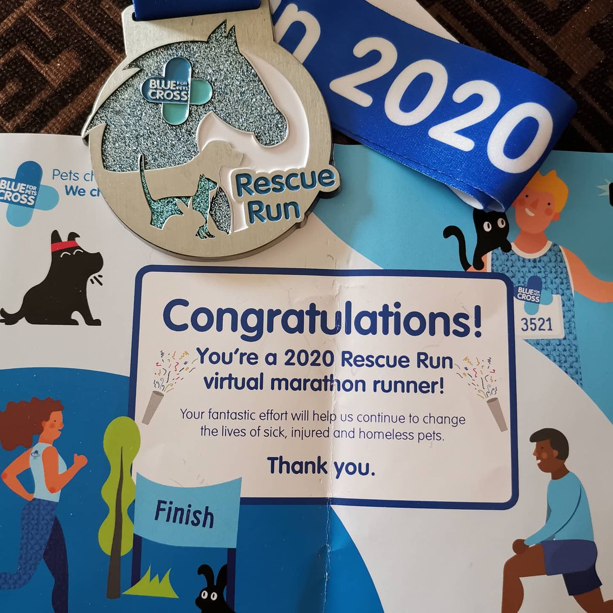 MindyTimney's tweet image. Latest virtual run medal, a marathon in May. Thank you @The_Blue_Cross #rescuerunuk