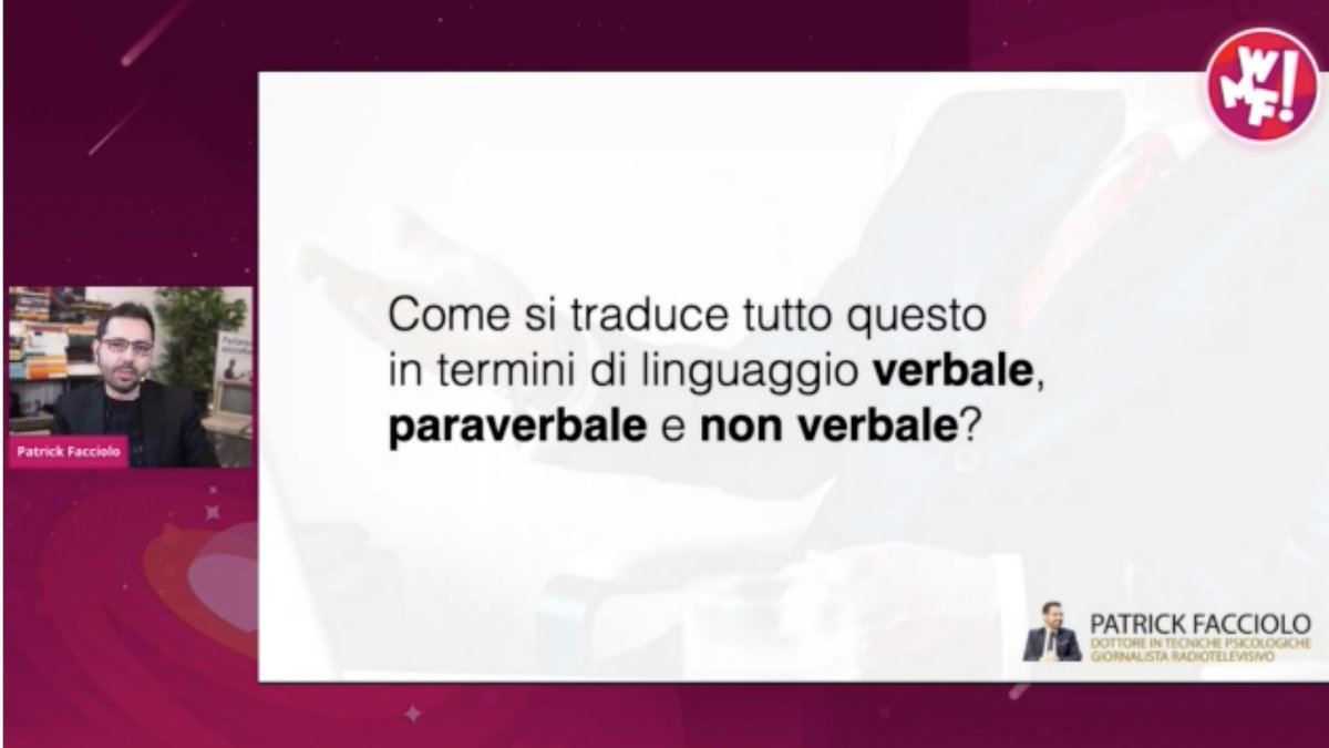 Sala Voice e Podcast | Parlare in pubblico via webcam: come condurre riunioni, webinar e conferenze online | Patrick Facciolo |
Quanto più il meeting online è una metafora di un #meeting reale, tanto più favoriremo la stessa relazione che c'è dal vivo.
#IUSVESocialTeam #WMF2020