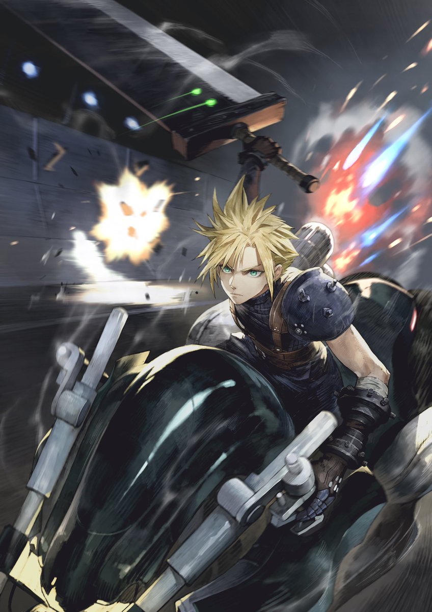 cloud strife 1boy blonde hair motorcycle motor vehicle weapon ground vehicle male focus  illustration images