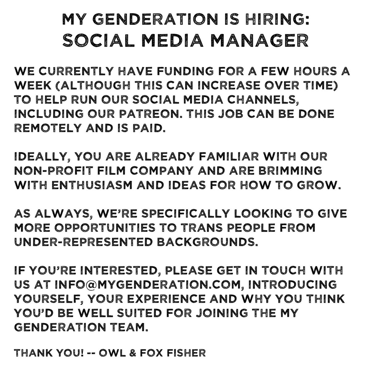 mygenderation's tweet image. My Genderation is Hiring: 
Social Media Manager 🏳️‍🌈
If you’re interested, please get in touch with us at info@mygenderation.com