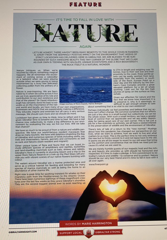 “We have a real chance now, collectively, to make a big difference to our environment by evaluating the way we live our lives. Will we take that chance?”

It’s time to fall in love with #nature again. 
My first feature article for <a href="/GBZinsight/">Gibraltar Insight™ 🇬🇮</a> magazine.
#NaturesVoice #WritingLife