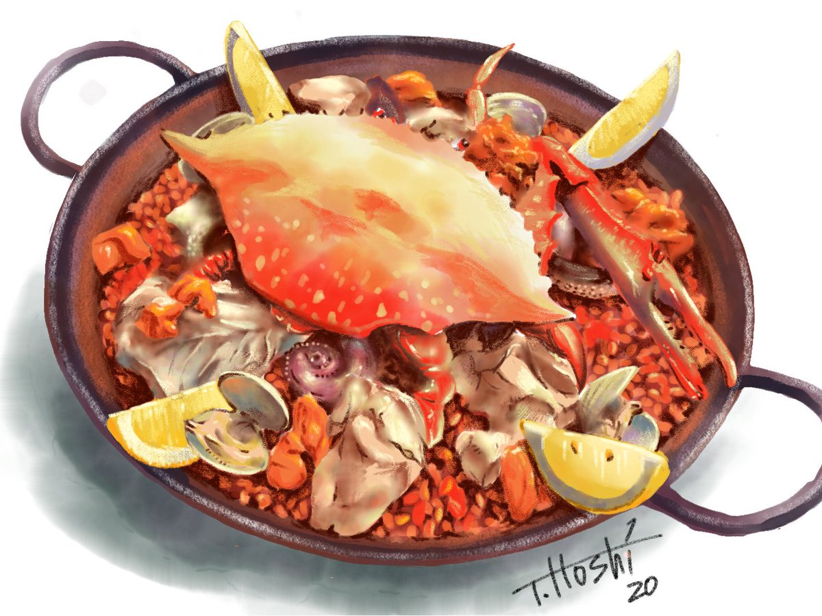 鯛之助 魚イラスト カニイラスト 料理イラスト ワタリガニとパエリアを描いてみました 奮闘しながら描いてる様子はyoutubeでご覧くださいー T Co Uz7rlpwkcf