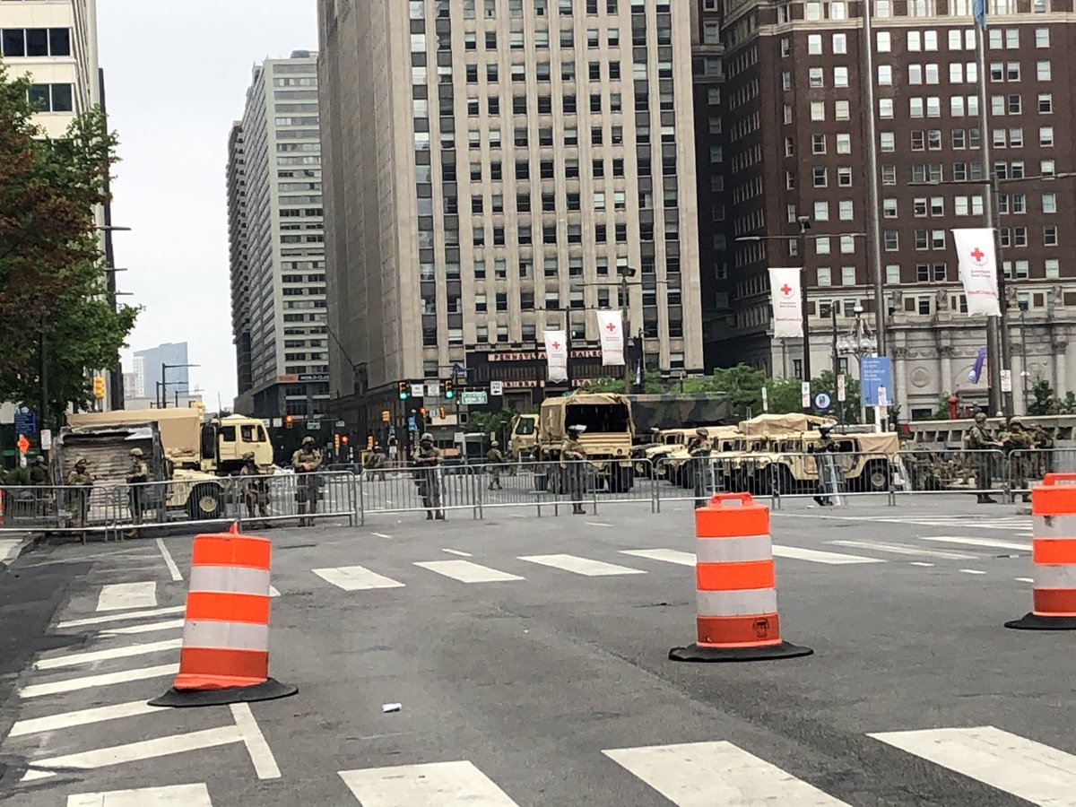 KatyZachry's tweet photo. Nat’l Guard troops outside Phila City Hall this morning in anticipation of wknd demonstrations. Street closures already starting for part of Center City. A complete list at https://t.co/QNOi4rcd31 @NBCPhiladelphia https://t.co/PY0DCfleJD