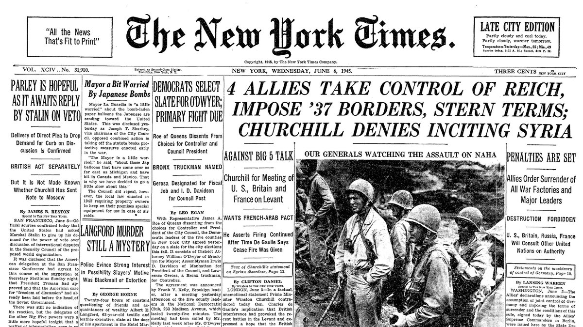 June 6, 1945: 4 Allies Take Control of Reich, Impose '37 Borders, Stern Terms; Churchill Denies Inciting Syria  https://nyti.ms/378W1sZ 