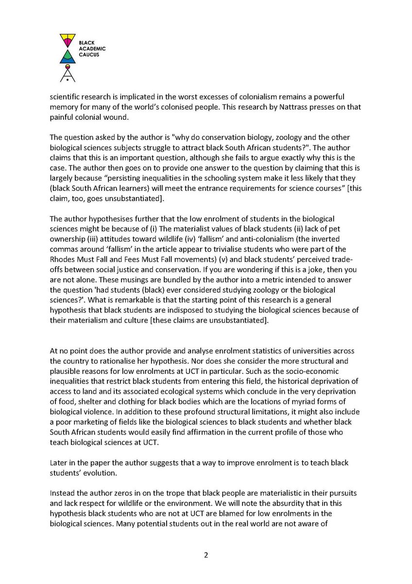 ewnreporter's tweet image. #ControversialStudy the paper was published in the commentary section of the South African Journal of Science last month. (See prev tweet) Here is the UCT black academic caucus full critique. JK