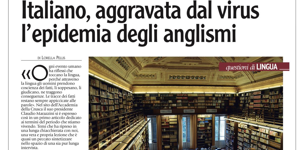 🇮🇹🇬🇧 Italiano, aggravata dal virus l’epidemia degli anglismi, l'intervista di Lorella Pellis al presidente Marazzini per <a href="/Toscanaoggi/">Toscanaoggi</a> 

📰 L'articolo nel sito dell'Accademia
👉 accademiadellacrusca.it/Media?c=3a87d8…
